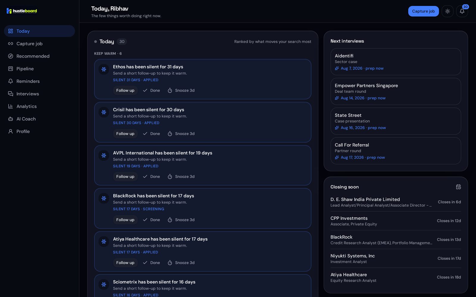 HustleBoard daily action centre showing ranked next best actions, upcoming interviews and applications closing soon