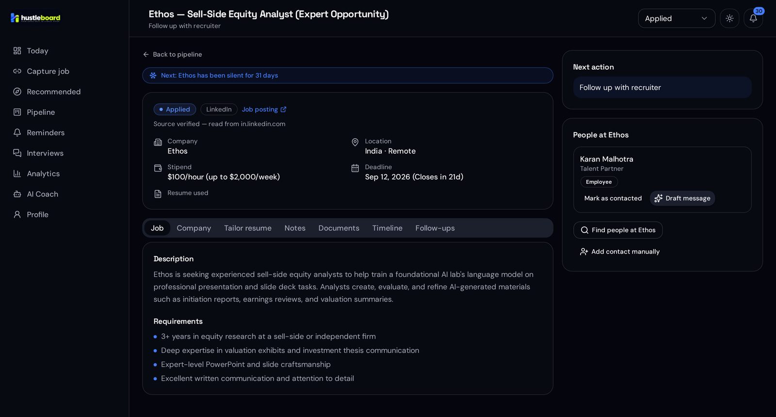 HustleBoard application detail showing extracted job fields and the verified source link